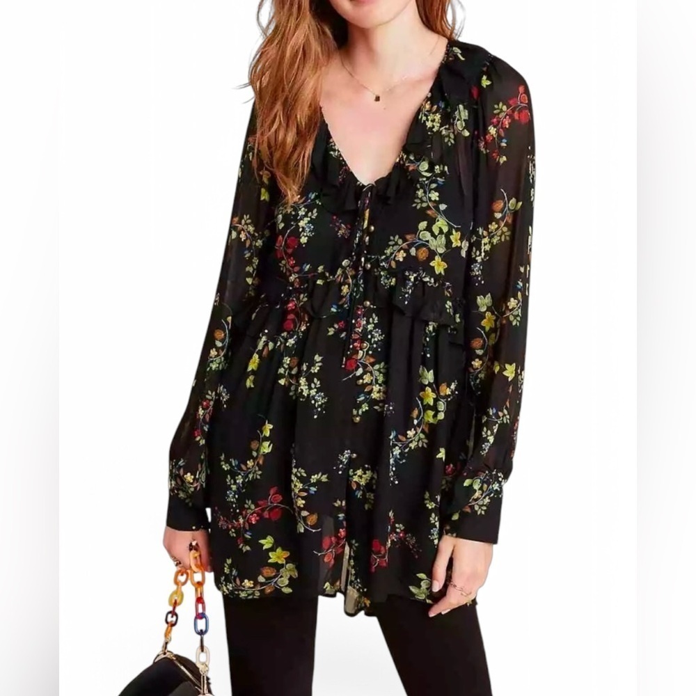 Anthropologie Women's Jamison Ruffled Black Floral Sheer Tunic plus size Small